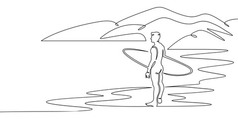 Continuous single line drawing Surfer on the seashore. Surfer with a board against a rocky landscape. Surfing in the ocean. Linear . One continuous line isolated minimalist illustration. Not AI.