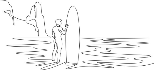 Continuous single line drawing Surfer on the seashore. Surfer with a board against a rocky landscape. Surfing in the ocean. Linear . One continuous line isolated minimalist illustration. Not AI.