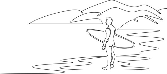 Continuous single line drawing Surfer on the seashore. Surfer with a board against a rocky landscape. Surfing in the ocean. Linear . One continuous line isolated minimalist illustration. Not AI.