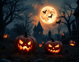 Spooky halloween horror bash celebration with glowing jack o lanterns bats flying across a full moon and eerie graveyard scene creating a terrifying atmosphere for the holiday halloween costumes costu