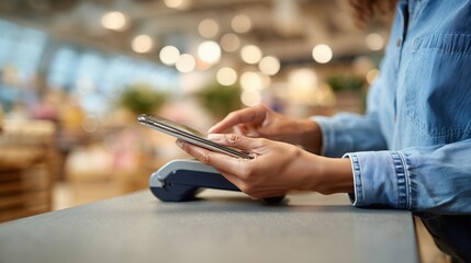 Woman uses her phone on a payment terminal in a shop with blurred background. Concept for mobile payment, secure transactions and digital transformation in retail businesses
