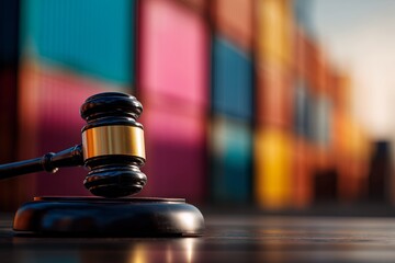 Gavel on a dark wooden surface with blurred colorful shipping containers in background. Concept for international trade regulations, maritime law and global commerce resolutions