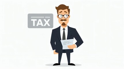 Professional Tax Consultant Holding Documents and Tax Sign in Cartoon Style Representation for Financial Advice and Tax Preparation Services