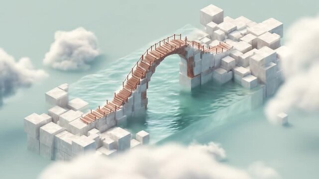 Digital bridge over water surrounded by clouds isometric illustration