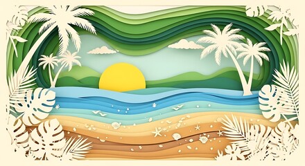 Paper cut beach scene illustration with palm trees, sun, and ocean waves for summer fun