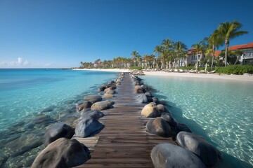 Wooden pier stretches towards turquoise waters with palm trees and resort on the beach, concept for vacation destination, tropical getaway and scenic travel