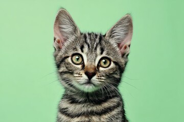 Playful Tabby Kitten on Bright Pastel Green Background