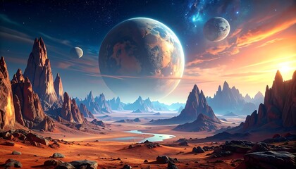 A vibrant cosmic landscape features a large, colorful planet in the center, with two moons and towering rock formations