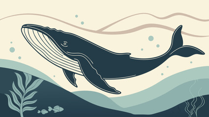 Obraz premium Blue Whale Swimming Underwater in Serene Ocean. Majestic Marine Life Illustration for Environmental Conservation, Nature Education, and Eco-Friendly Design