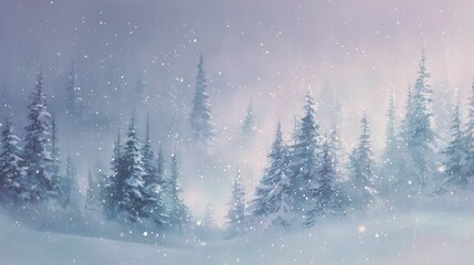 Obraz premium Snowy winter forest landscape with frosted trees under falling snow in pastel colors. Concept for holiday cards, seasonal backgrounds and tranquil nature scenes