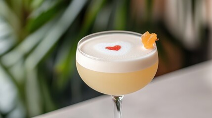 Elegant Whiskey Sour Cocktail with Heart-Shaped Garnish: Close-Up of Refreshing Drink with Foamy Top and Orange Peel on Bar with Greenery Background