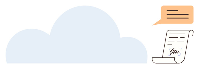Digital cloud and signed document with speech bubble. Ideal for cloud storage, e-signature, digital communication, online security, internet archiving, modern business, technological advancement