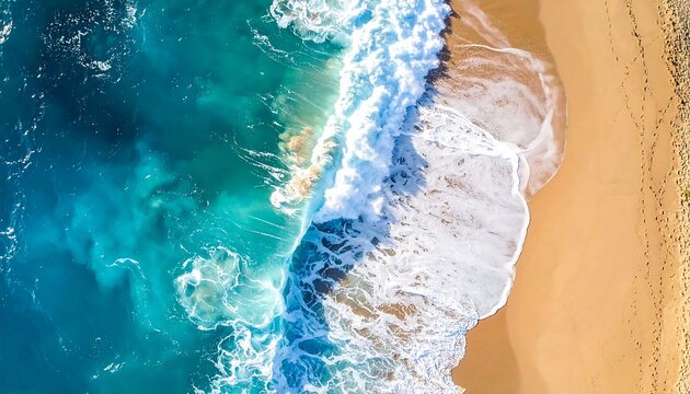 Aerial view of a pristine beach, showcasing the ocean waves crashing onto the golden sandy shore, highlighting the contrast of turquoise and blue water - Powered by Adobe