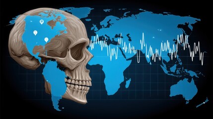 Global environmental analysis skull illustration over world map digital art scientific visualization educational concept