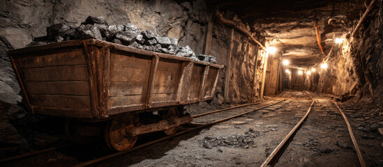 Mine cart full of coal in dimly lit tunnel