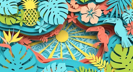 Tropical Paradise Paper Art Sun, Toucan, Exotic Plants in Layered Design