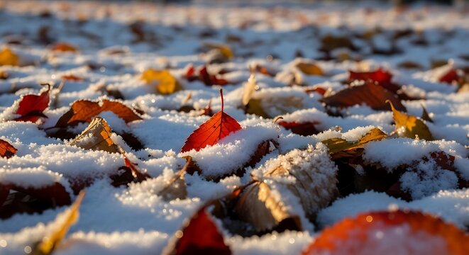 Autumn Leaves in Snow - A Serene Winter Scene.