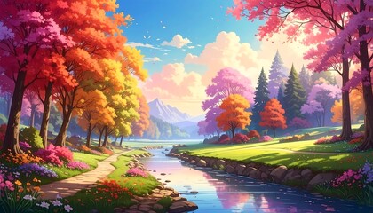 Vibrant illustration of a scenic landscape, featuring a flowing river, colorful trees in bloom, and clear sky with fluffy clouds. A path leads along the water