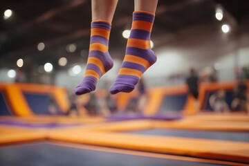 Fototapeta premium Legs in vibrant striped socks mid-air over a trampoline park with blurred backdrop, concept for recreational activity, indoor amusement park fun and childhood energy