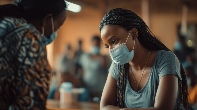 Two women wearing masks in a public space. A woman wearing a face mask looks down while another woman is in front of her. Other people are in the background.