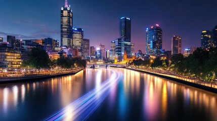 Obraz premium Cityscape night river boat lights
