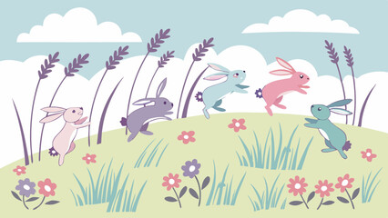 Whimsical illustration of five cute pastel bunnies hopping and playing in a vibrant spring meadow with colorful wildflowers, tall lavender, and fluffy clouds.