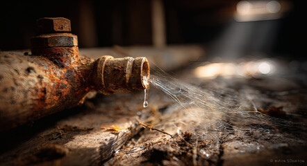 Fototapeta premium Plumbing issue with leaking pipe and water pooling on floor in dimly lit basement. Pipe shows rust and grime, creating a scene of neglect and maintenance need