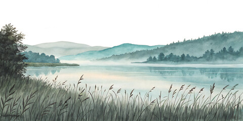 Watercolor landscape, hand painted of misty lake with rolling hills and reeds in foreground, cutout, PNG isolated on white or transparent background