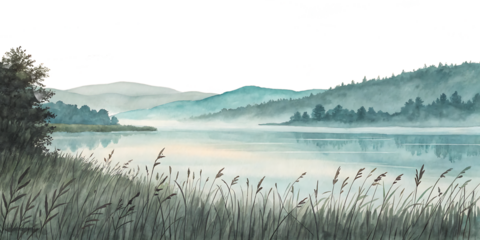 Watercolor landscape, hand painted of misty lake with rolling hills and reeds in foreground, cutout, PNG isolated on white or transparent background