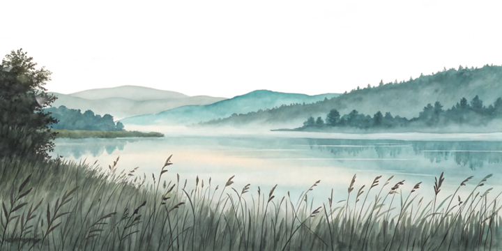 Watercolor landscape, hand painted of misty lake with rolling hills and reeds in foreground, cutout, PNG isolated on white or transparent background