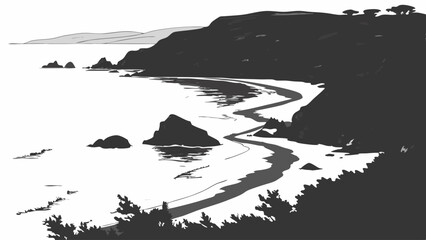 Obraz premium Black and white graphic illustration of a serene coastal landscape with a winding sandy beach, calm ocean, rugged cliffs, and distant hills under a clear sky.