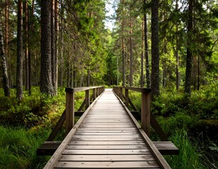 Wooden walkway through a pine forest