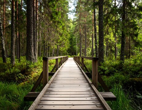 Wooden walkway through a pine forest