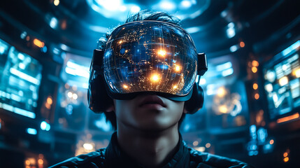 A businessman wearing VR glasses interacts with a holographic globe. Generative Ai.
