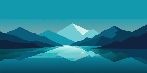 Minimalist mountain range reflected in calm water reflection