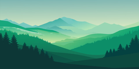 Rolling green mountain valleys with distant peaks mountains