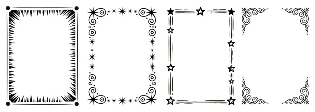 Black and white vector decorative border set with four unique corner designs, featuring spikes, stars, swirls, and elegant flourishes, symmetrical thin-line style for page decoration
