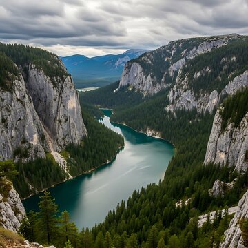 Idyllic Lake Barcis in the Italian Dolomites on a Cloudy Day.