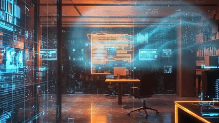 Cyberpunk office with digital data flowing background - Powered by Adobe