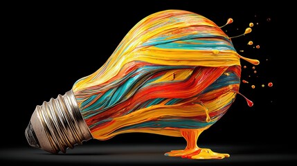 Artistic vibrant paint splash splattered over a broken incandescent light bulb on a black background with colorful streaks and droplets