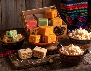 Close-up of colorful square desserts, nuts, and other ingredients presented in bowls and a wooden box, on a wooden surface