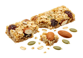 A broken granola bar with oats, almonds, raisins, and pumpkin seeds, crumbling into pieces, isolated on white or transparent background. PNG