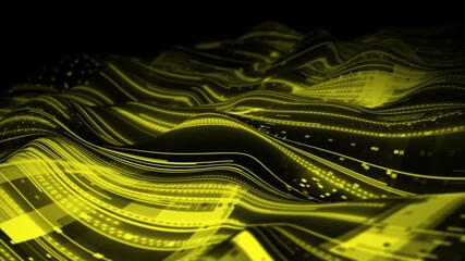 Yellow color abstract 3d digital data wave with glowing particles and dynamic lines on a hi-tech technology dark background - Powered by Adobe