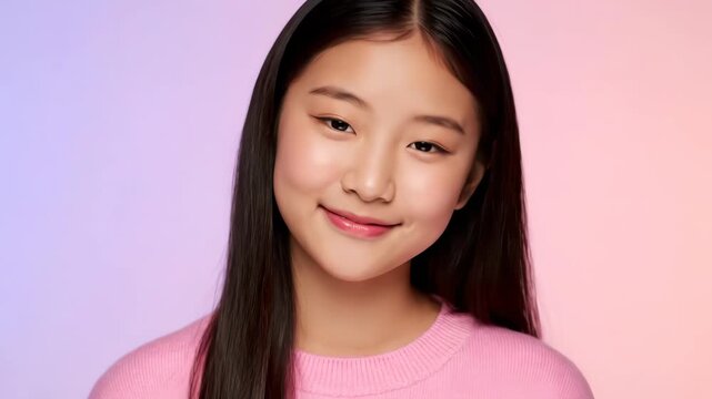 A close-up portrait of a happy young Asian girl smiling at the camera. Beautiful teenager with long dark hair against a colorful background. Natural beauty and skincare concept