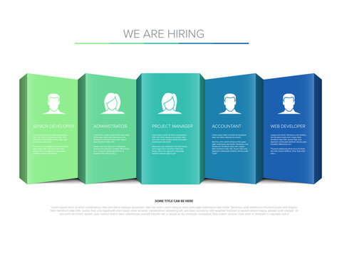 An "Our Team" or "We Are Hiring" concept infographic featuring distinct job roles: administrator, project manager, accountant, web developer. Infographic visually presents the team roles available