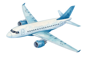 Watercolor airplane illustration in blue and white tones. The aircraft is shown from an angled top view, featuring soft textures and gentle shading that create a hand-painted, artistic look. Perfect f