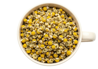 Isolated dried chamomile flowers in a mug for tea or decoration, herbal medicine
