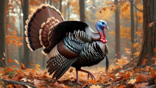 Majestic Wild Turkey Displaying Plumage in Autumn Forest with Colorful Leaves.