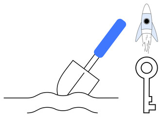 Shovel digging through soil, a soaring rocket, and a key symbolizing exploration, ideas, ambition, and unlocking potential. Ideal for innovation, growth, success research teamwork problem-solving