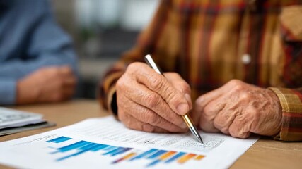 Showing elderly hands intently analyzing financial data on paper, this image highlights the diligence and experience involved in navigating complex information and decision-making.
